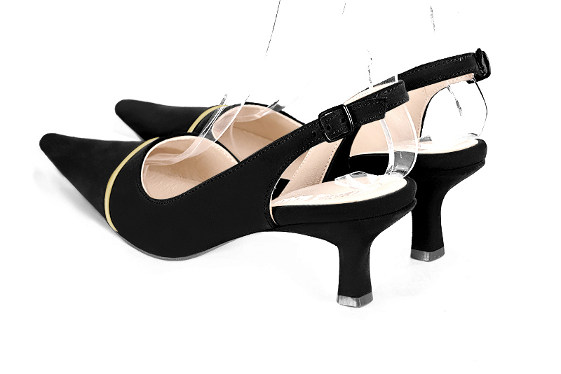 Matt black and gold women's slingback shoes. Pointed toe. Medium spool heels. Rear view - Florence KOOIJMAN